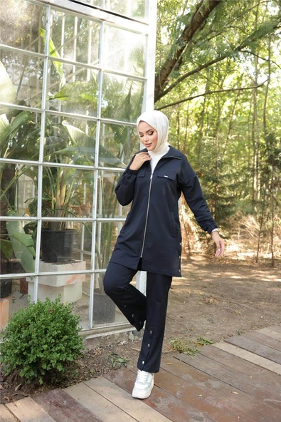 Fermuarlı Cepli Çıtçıt Detayı İkili Tesettür Eşofman Takımı - (38-46) - 71207 - Lacivert - 8
