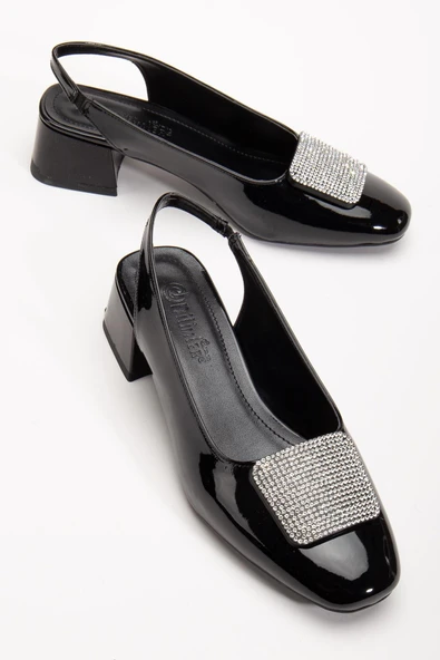 Büyük Numara Kadın Kısa Topuklu Ayakkabı Siyah Kare Taşlı Açık Topuk ürün görseli