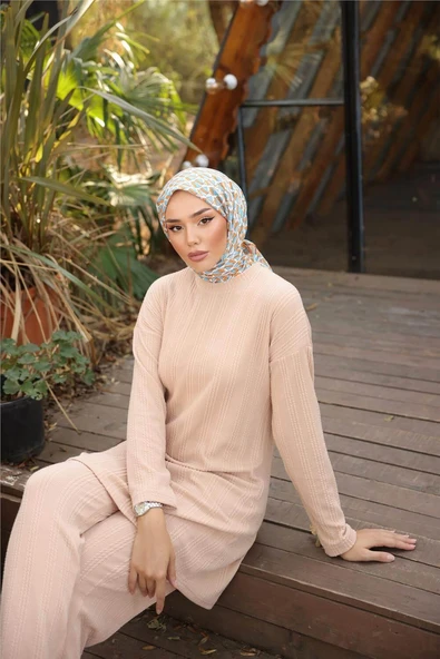 O Yaka Kısa Tunik Pantolon Sade İkili Tesettür Eşofman Takımı - (38-46) - 71219 - Bej - 4