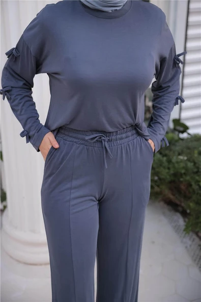 O Yaka Kolları Kurdela Detaylı İkili Tesettür Eşofman Takımı - (38-46) - 71251 - İndigo - Resim 9