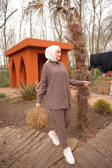 Sade İkili Tesettür Gömlek Takımı - (38-46) - 71263 - Kahverengi - 3