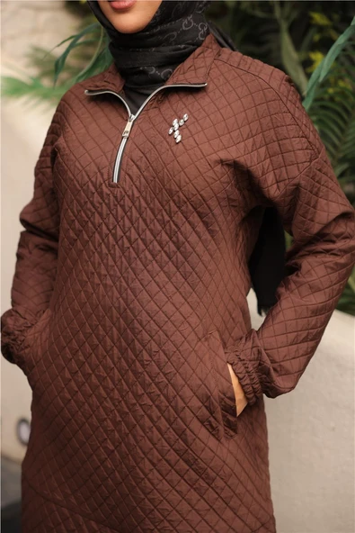 Kısa Fermuarlı Yaka Kapitone Şık Spor Sweat - (38-46) - 71227 - Kahverengi - 6