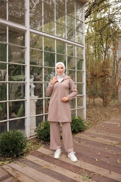 Fermuarlı Kapşonlu Sade İkili Tesettür Eşofman Takımı - (38-46) - 71229 - Nescafe - Resim 2