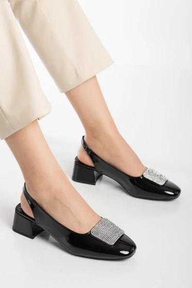 Büyük Numara Kadın Kısa Topuklu Ayakkabı Siyah Kare Taşlı Açık Topuk - Resim 2