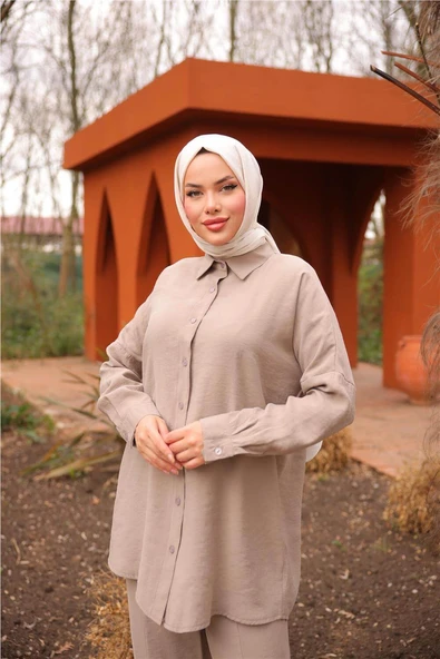Sade İkili Tesettür Gömlek Takımı - (38-46) - 71263 - Bej - 4