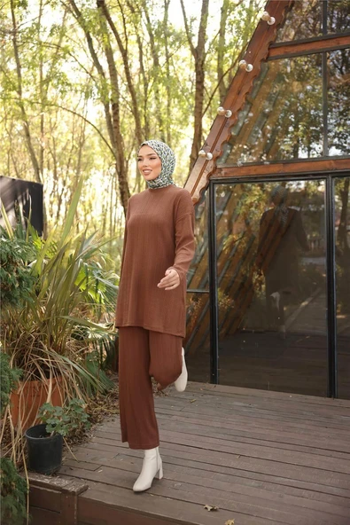 O Yaka Kısa Tunik Pantolon Sade İkili Tesettür Eşofman Takımı - (38-46) - 71219 - Kahverengi - Resim 5