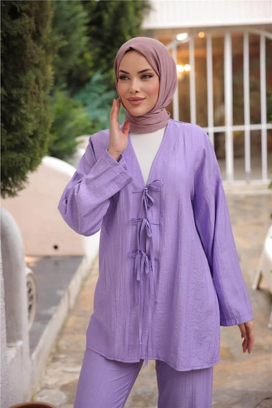 V Yaka Bağcıklı İkili Tesettür Eşofman Takımı - (38-46) - 71243 - Lila - Resim 5