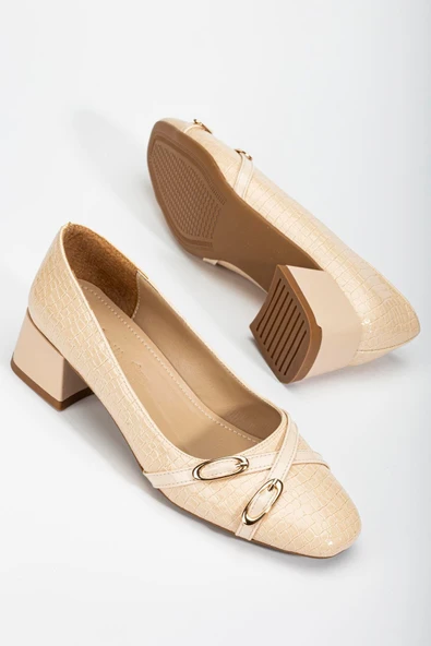 Büyük Numara Kroko Rugan Küt Burun Bej Kadın Kısa Topuklu Ayakkabı ürün görseli