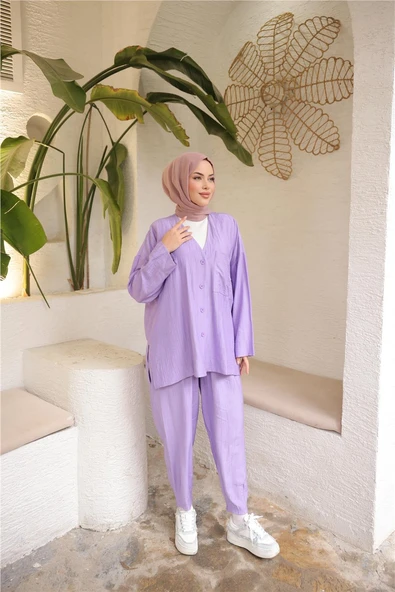 V Yaka Düğmeli Cepli İkili Tesettür Eşofman Takımı - (38-46) - 71244 - Lila - Resim 3