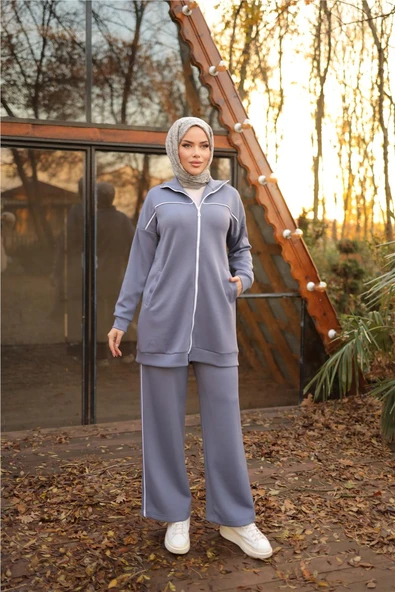 Fermuarlı Kısa Sade İkili Tesettür Eşofman Takımı - (38-46) - 71230 - İndigo ürün görseli