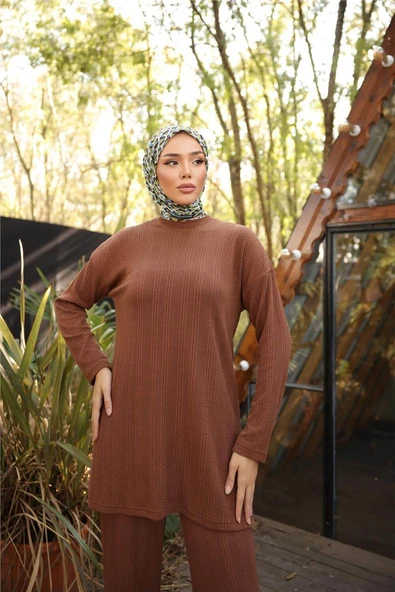 O Yaka Kısa Tunik Pantolon Sade İkili Tesettür Eşofman Takımı - (38-46) - 71219 - Kahverengi - Resim 2