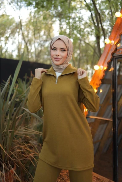 Fermuar Yaka Sade Sweat İkili Takım - (38-46) - 71221 - Hardal - Resim 4