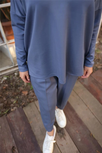 Arkası Uzun O Yaka Kısa Sweat-Pantolon İkili Eşofman Spor Takımı - (38-46) - 71216 - İndigo - Resim 7