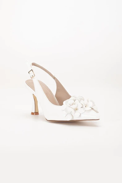 Kadın Stiletto Topuklu Ayakkabı Beyaz Topuk Açık Çiçek Motifli - Resim 4