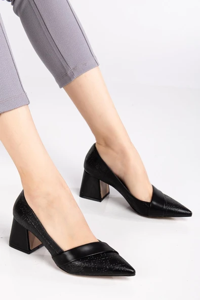 Kadın Topuklu Ayakkabı Siyah Baskılı Deri Yanyüzlü Sivri Kalıp - Resim 2