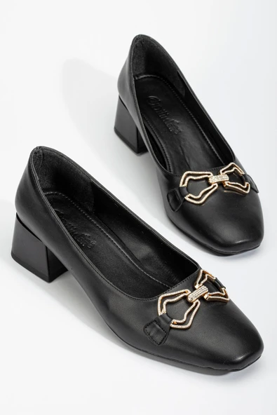 Büyük Numara Cilt Taşlı Aksesuar Siyah Kadın Kısa Topuklu Ayakkabı ürün görseli