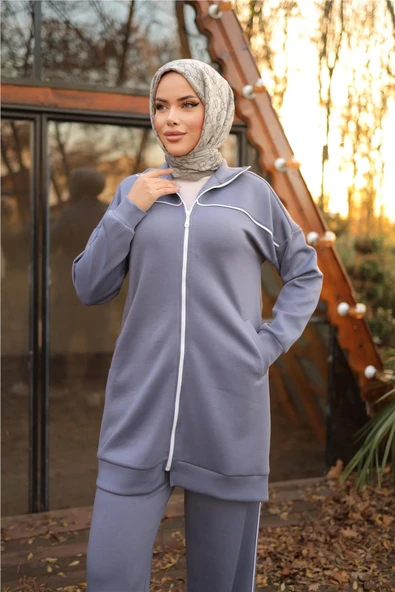 Fermuarlı Kısa Sade İkili Tesettür Eşofman Takımı - (38-46) - 71230 - İndigo - Resim 5