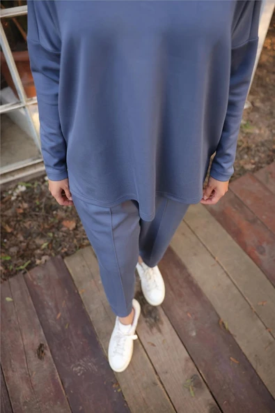 Arkası Uzun O Yaka Kısa Sweat-Pantolon İkili Eşofman Spor Takımı - (38-46) - 71216 - İndigo - Resim 8