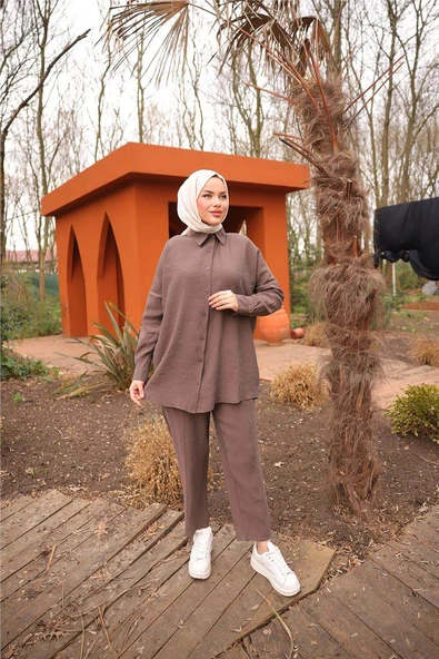 Sade İkili Tesettür Gömlek Takımı - (38-46) - 71263 - Kahverengi - 2
