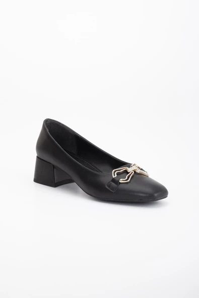 Büyük Numara Cilt Taşlı Aksesuar Siyah Kadın Kısa Topuklu Ayakkabı - Resim 4