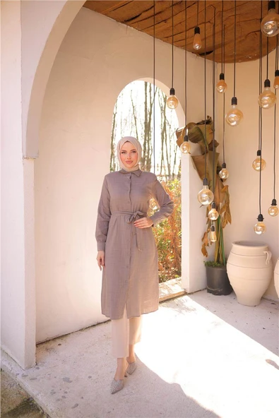 Belden Bağcıklı Düpmeli Uzun Tunik Gömlek - (38-46) - 71255 - Vizon