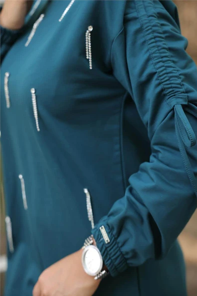 O Yaka Koldan Bağcıklı Taş Detaylı İkili Tesettür Eşofman Takımı - (38-46) - 71208 - Koyu Petrol - Resim 2