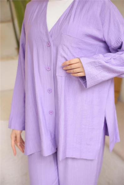 V Yaka Düğmeli Cepli İkili Tesettür Eşofman Takımı - (38-46) - 71244 - Lila - Resim 6