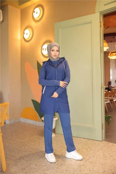 Fermuarlı Kapşonlu Cepli Kapitone Üçlü Takım - (38-46) - 71226 - İndigo - 3
