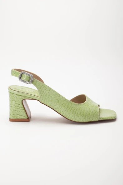 Kadın Topuklu Sandalet Ayakkabı Yeşil Rugan Kroko Baskılı Tan Taşlı Tokalı - 3