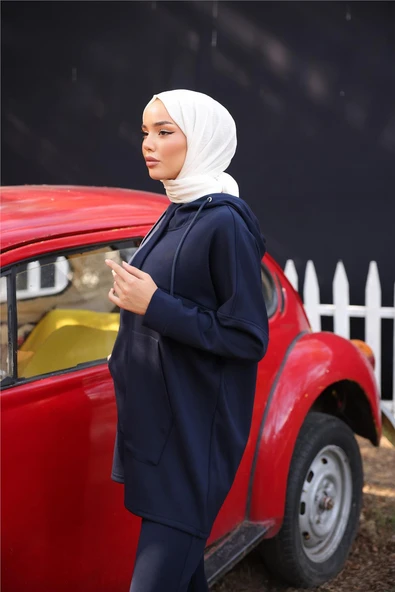 Kapşonlu Kanguru Cepli Sweat-Pantolon İkili Eşofman Spor Takımı - (38-46) - 71214 - Lacivert - Resim 4