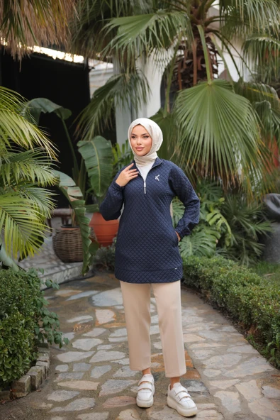 Kısa Fermuarlı Yaka Kapitone Şık Spor Sweat - (38-46) - 71227 - Lacivert - 3