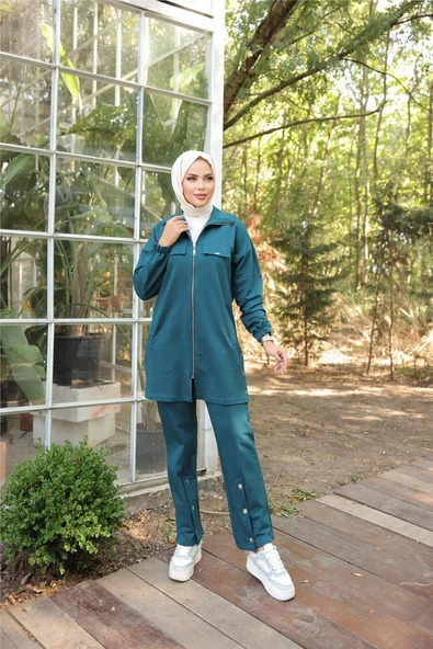 Fermuarlı Cepli Çıtçıt Detayı İkili Tesettür Eşofman Takımı - (38-46) - 71207 - Koyu Petrol - 7