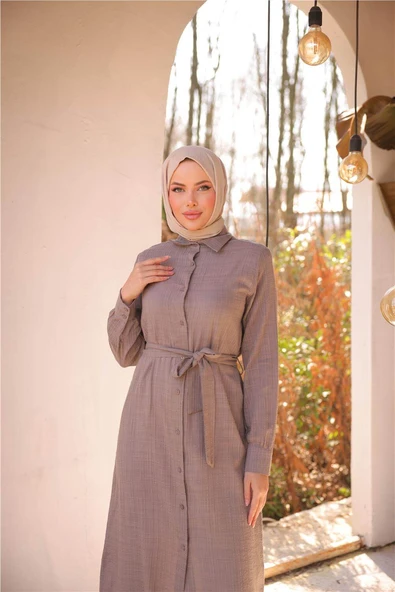 Belden Bağcıklı Düpmeli Uzun Tunik Gömlek - (38-46) - 71255 - Vizon - 3