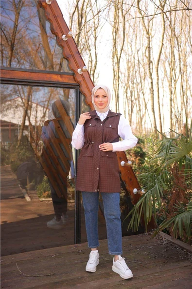Belden Lastikli Çıtçıtlı Dört Cepli Kapitone Yelek - (38-46) - 71256 - Kahverengi - 2