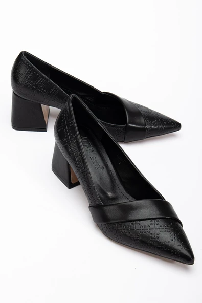 Kadın Topuklu Ayakkabı Siyah Baskılı Deri Yanyüzlü Sivri Kalıp ürün görseli