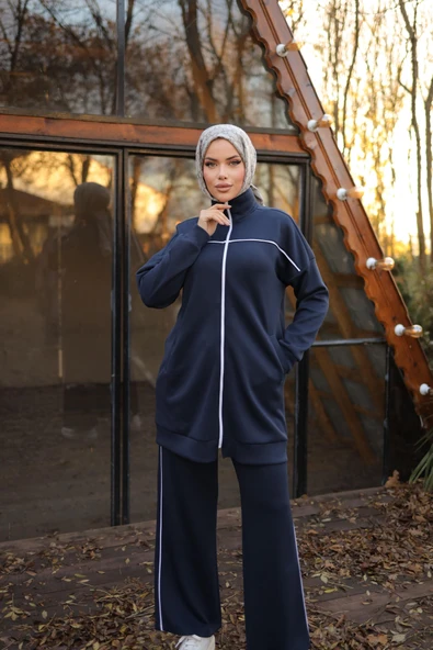 Fermuarlı Kısa Sade İkili Tesettür Eşofman Takımı - (38-46) - 71230 - Lacivert - Resim 3