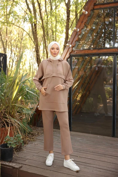 Kapşonlu Kanguru Cepli Sweat-Pantolon İkili Eşofman Spor Takımı - (38-46) - 71214 - Bej ürün görseli