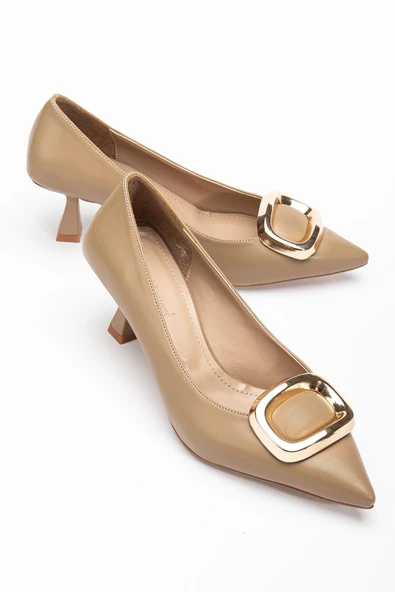 Kadın Topuklu Ayakkabı Vizon Kare Tokalı Cilt Kadeh Topuklu ürün görseli