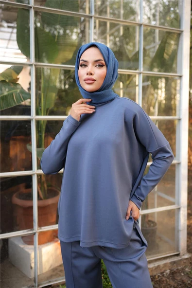 Arkası Uzun O Yaka Kısa Sweat-Pantolon İkili Eşofman Spor Takımı - (38-46) - 71216 - İndigo - Resim 5