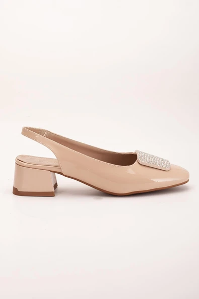 Büyük Numara Kadın Kısa Topuklu Ayakkabı Ten Kare Taşlı Açık Topuk - Resim 3