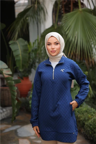 Kısa Fermuarlı Yaka Kapitone Şık Spor Sweat - (38-46) - 71227 - İndigo