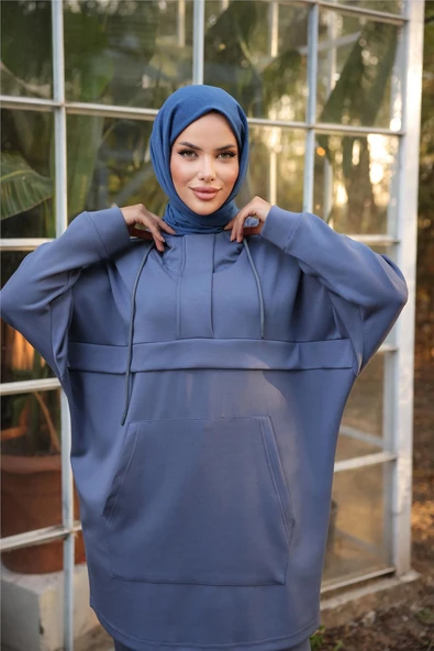 Kapşonlu Kanguru Cepli Sweat-Pantolon İkili Eşofman Spor Takımı - (38-46) - 71214 - İndigo - 3