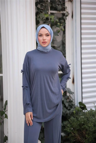 O Yaka Kolları Kurdela Detaylı İkili Tesettür Eşofman Takımı - (38-46) - 71251 - İndigo - Resim 3