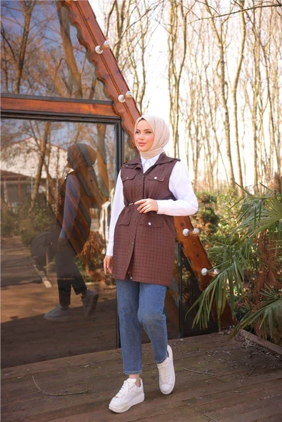 Belden Lastikli Çıtçıtlı Dört Cepli Kapitone Yelek - (38-46) - 71256 - Kahverengi - 4