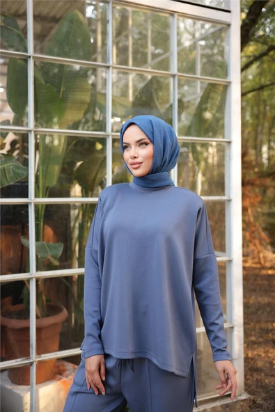 Arkası Uzun O Yaka Kısa Sweat-Pantolon İkili Eşofman Spor Takımı - (38-46) - 71216 - İndigo - Resim 4