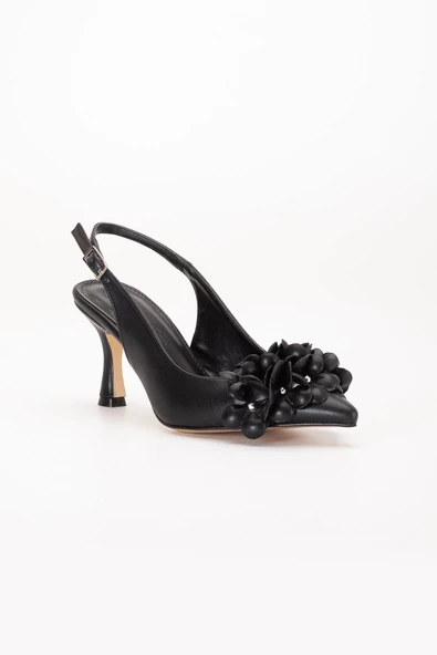 Kadın Stiletto Topuklu Ayakkabı Siyah Topuk Açık Çiçek Motifli - 4