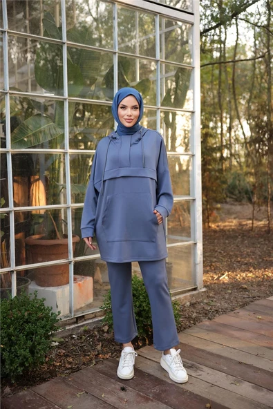 Kapşonlu Kanguru Cepli Sweat-Pantolon İkili Eşofman Spor Takımı - (38-46) - 71214 - İndigo