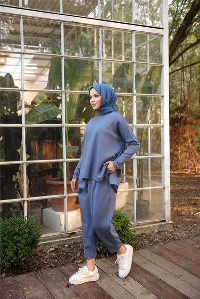 Arkası Uzun O Yaka Kısa Sweat-Pantolon İkili Eşofman Spor Takımı - (38-46) - 71216 - İndigo - Resim 3