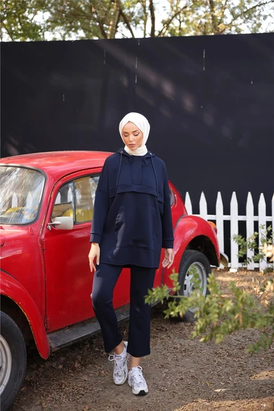 Kapşonlu Kanguru Cepli Sweat-Pantolon İkili Eşofman Spor Takımı - (38-46) - 71214 - Lacivert - Resim 3