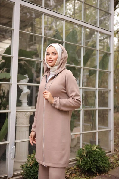 Fermuarlı Kapşonlu Sade İkili Tesettür Eşofman Takımı - (38-46) - 71229 - Nescafe - Resim 7